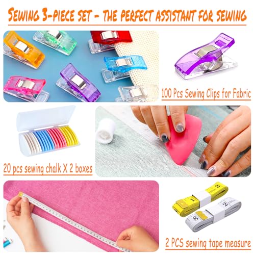100 Pcs Sewing Clips for Fabric and Quilting/ 40 Pcs Sewing Chalk/ 2 Pcs Fabric Tape Measure/Sewing Supplies 3-Piece Set/Suitable for Size Measurement, Marking, and Fixed Fabric.