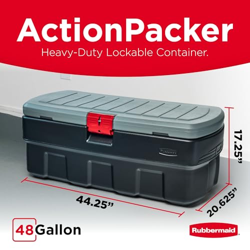 Image of Rubbermaid 48 Gallon Black Action Packer Lockable Latch Indoor and Outdoor Storage Box Container for Home, Garage, Backyard, Single