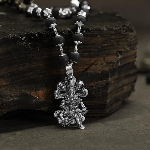 Image of Japam Silver Karungali Necklace with Lord Narasimha Pendant | Black Wood Spiritual Mala for Men | Puja & Meditation | Certificate of Authenticity