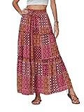 Vrtige Women's Printed Drawstring Elastic Waist Frill Tiered Flowy Hem A Line Maxi Skirt Red Small