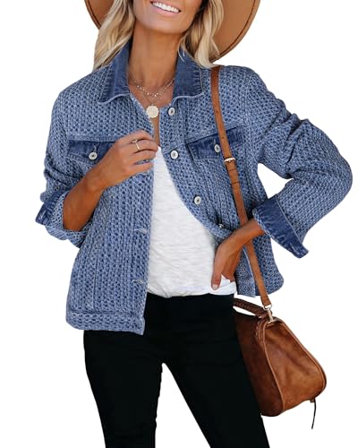 luvamia Jean Jacket Women Trendy Texture Distressed Button Down Long Sleeves Casual Trucker Denim Jackets with Pockets