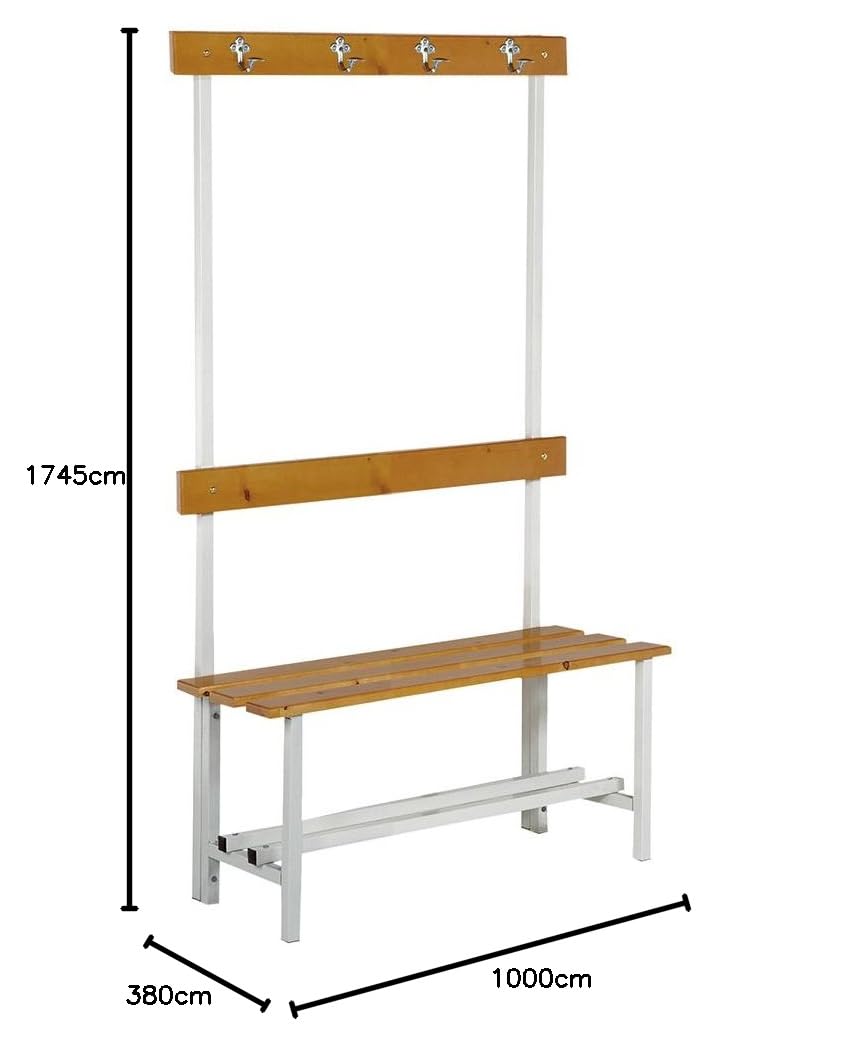 Banco de Vestuario Alto. Estructura Metálica y Asiento, Respaldo y Colgador en Madera Pino Barnizada. Med. 1745x1000x380 mm. Desmontado
