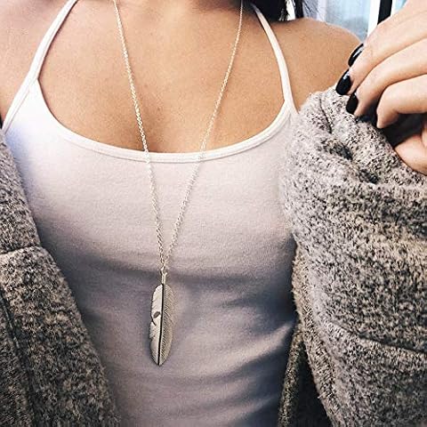 TseenYi Boho Long Feather Necklace Silver Feather Pendant Chain Necklace Long Drop Necklace Vintage Jewelry for Women and Girls Cover