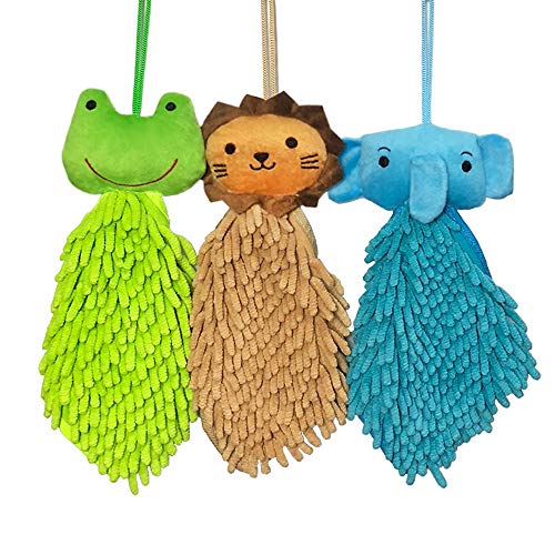 3 Pack Cute Chenille Mini Soft Hanging Hand Towels Funny Lion Elephant Frog