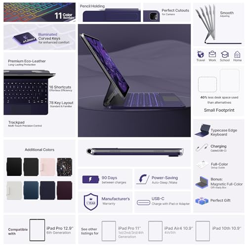 Image of typecase Edge for iPad Air 13 (M4 /M3 /M2, 2026 /2025 /2024) & Pro 12.9 (6th /5th /4th /3rd) with 11-Color Backlit, Precision Trackpad,Magic Floating Keyboard (NOT FIT to Pro 13 (M5 /M4)-Midnight Amethyst26