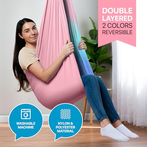 Image of Indoor Sensory Swing for Kids or Outdoor - Holds 300lbs, Double-Layer, & 360 Swivel, Calming Compression Therapy Swing Hammock for Kids & Adults with All Hardware - Sensory-Motor Toys & Gifts