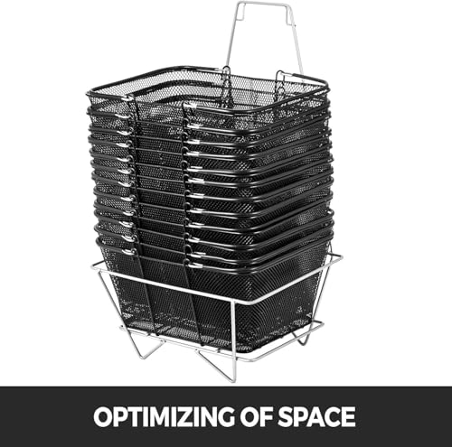 12Pcs Schwarzer Draht-Einkaufskorb mit faltbaren Griffen, stapelbarer Metallwagen für Supermarkt-Lebensmittelwäscherei, langlebiges 44Lbs-Kapazitäts-Set mit Organizer-Ständer