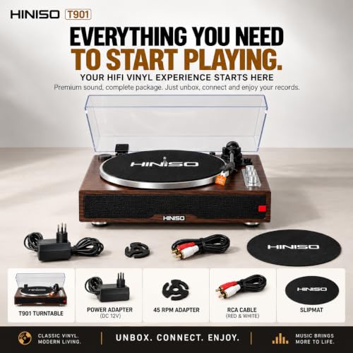 Image of HINISO T901 HiFi Wooden Turntable with Bluetooth in & Out, Built-in Phono Amp & 4 Stereo Speakers | Belt-Drive 33 /45 /78 RPM Vinyl Record Player, AT-3600L Cartridge, Auto-Stop, RCA /Optical /Coaxial Out