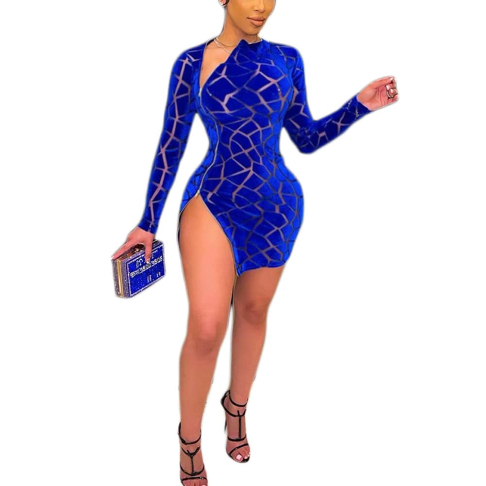 diffstyle Women Sexy Bodycon See Through Mesh Velvet Mini Dress Long Sleeve Zipper High Slites Party Club Outfits