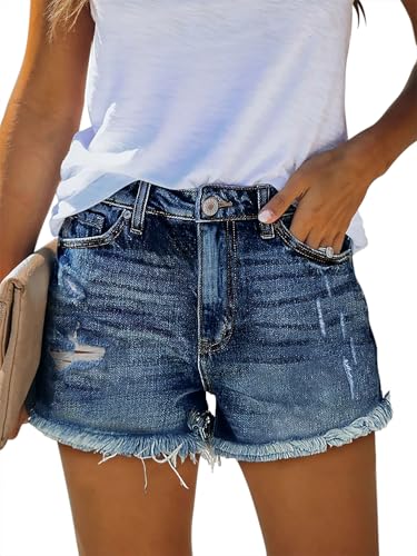 Image of onlypuff Women Denim Shorts Ripped Mid Waisted Jean Shorts with Pockets