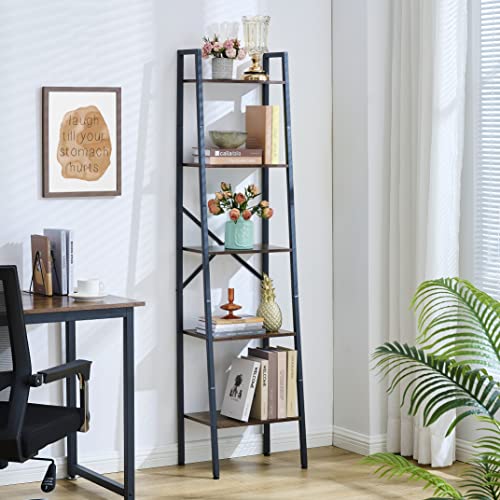 Image of Hoctieon Industrial Ladder Bookshelf, Multifunctional Ladder Shelf, 5-Tier Tall Bookshelf, Open Ladder Shelf Bookcase, for Living Room, Home Office, Kitchen, Bedroom, Metal Frame, Rustic Brown