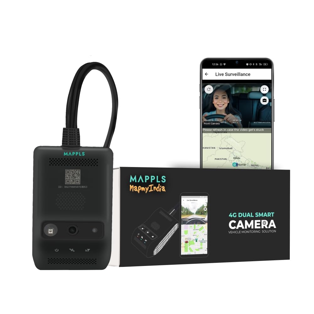 Mappls MapmyIndia CarEye - Vehicle Dash Camera System | 1 Year Subscription Included | Live Video Streaming, Simultaneous Cabin and Front Views, Driver Behaviour Analysis, Live Vehicle Tracking
