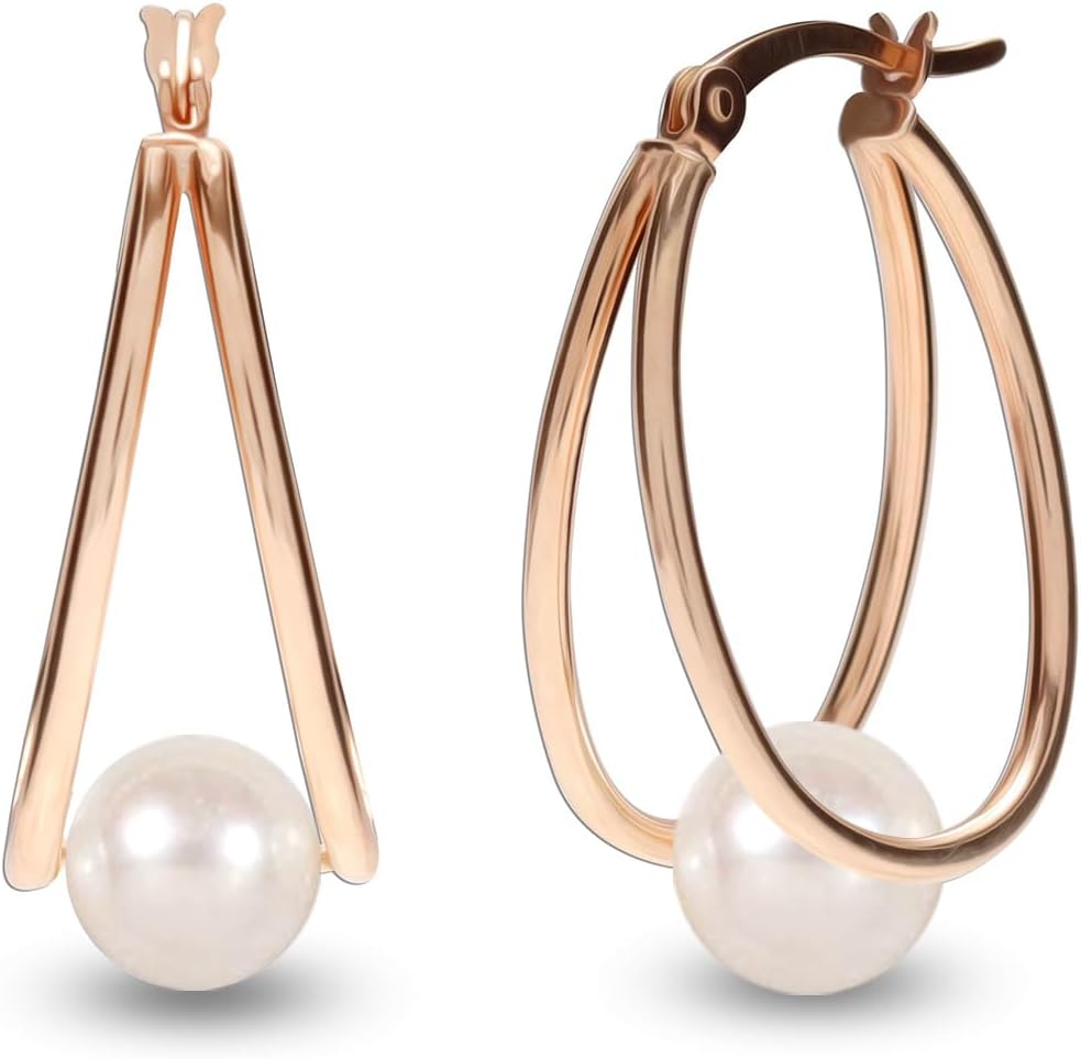 LeCalla 925 Sterling Sliver Pearl Hoop Earrings for Women | Pearl Double Oval Hoop Earrings Jewelry | Available in Rose Gold, Gold & Silver Plated Finish