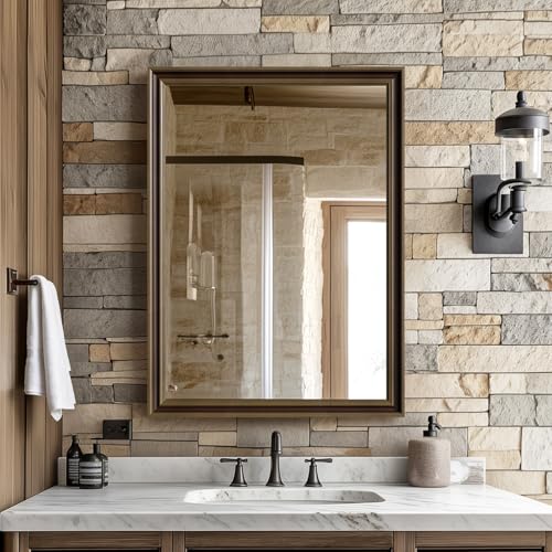 Ultrue Retro Copper Effect Framed Wall Mirror 22x30 Rectangle Mirror Anti-desilvering Tempered Glass Sustainable& Sturdy Frame Farmhouse Mirror Anti-Rust 3min Fast Setup for Bathroom Living Room
