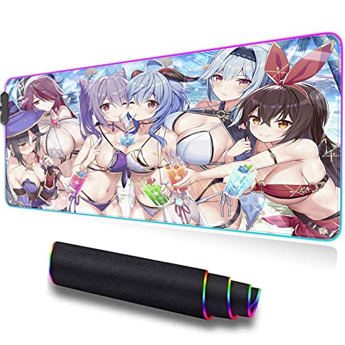 Anime Oppai Ganyu Mona Keqing Sexy Waifu RGB Gaming Mouse Mat Pad - Large Led Mousepad with 14 Lighting Modes 2 Brightness, Anti-Slip Rubber Base with Waterproof Coating Mouse Mat for Gamer 800×300mm