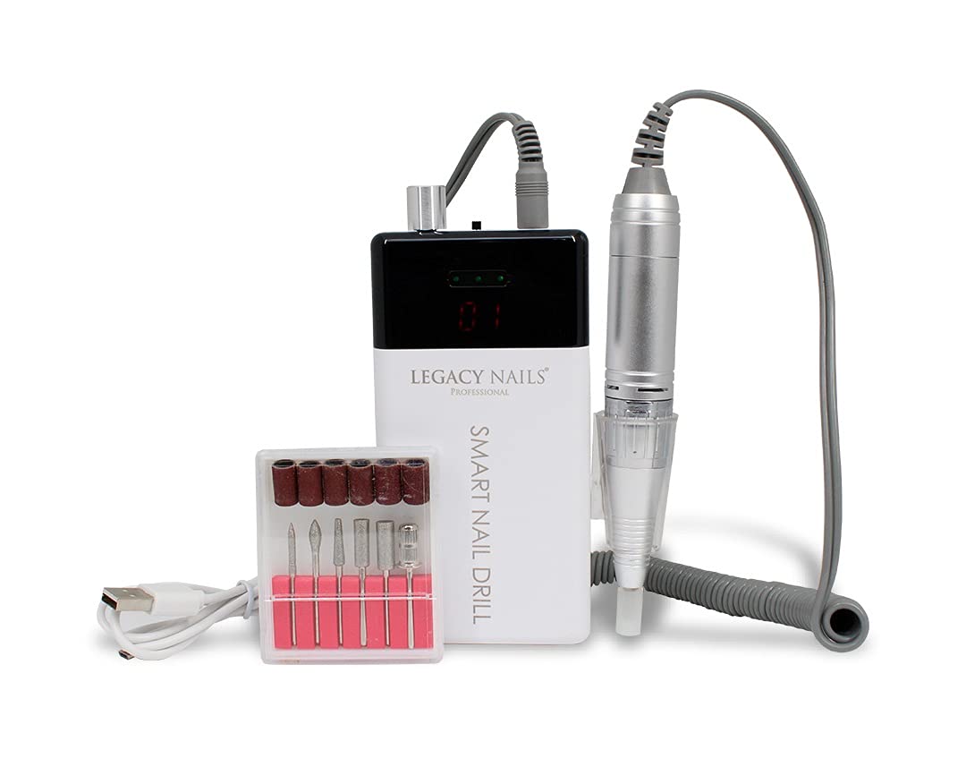 Legacy Nails Professional Smart Nail Drill - Electric Portable and Cordless - Ideal for Acrylic Nails - Essential Manicure Tool - Rotary Speed 0-30,000 RPM - Includes Set of Bits.