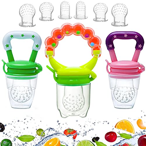Image of Baby Food Feeder Fruit Pacifier – (3 Pack) Fresh Food Fruit Feeding Teether for Toddler Silicone Fruit Teething Toy Food mesh Teeth with Pacifiers Meshes Newborn Nibbler Cover Set, pink, green