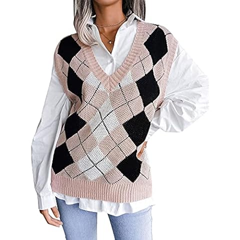 Women Knitted Vest Y2k Vintage Preppy Argyle V Neck Sleeveless Jumper Sweater Tank Top Streetwear (A-e-Pink, L) Cover
