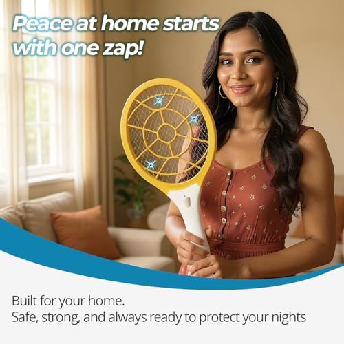 Image of LifeKrafts Mosquito Killer Racket Bat - 400mAh Rechargeable Electric Insect Zapper with LED Light | 3-Layer Safety Mesh | Plug-in Charging | Mosquito Bat for Home & Outdoor Use (Yellow)