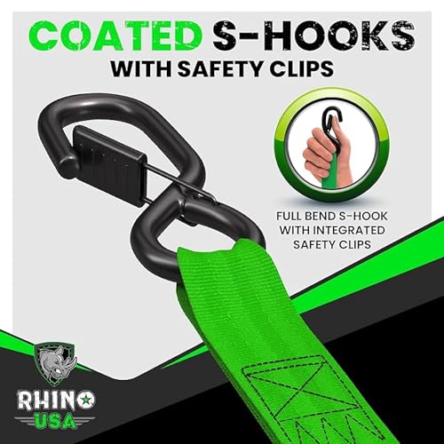 Image of Rhino USA Retractable Ratchet Straps (4-Pack) - 1 Inch x 10 Feet (1,209lb Break Strength) - Auto Self Retracting Tie Down Straps for Truck, Cargo Trailer, Motorcycle, ATV, UTV - Green