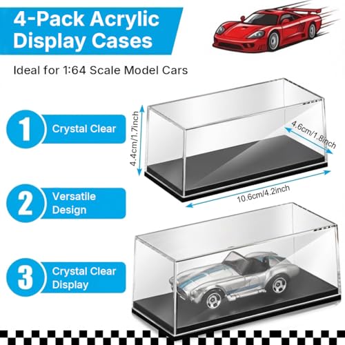 Image of HASTHIP 4-Pack Acrylic Display Cases for 1: 64 Scale Model Cars with Black Base Clear Dustproof Showcase Boxes for Hot Wheels, Matchbox & Diecast Racing Car Collectibles, Display Shelf, 106x46x46mm