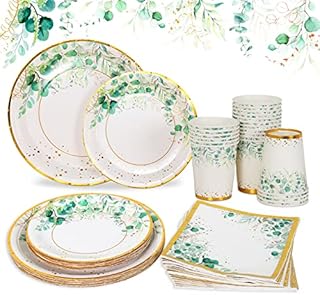 QIFU Sage Green Paper Plates Cups and Napkins Set - Serve 24 Disposable Baby Shower Plates and Napkins Green Party Tableware for Boho Wedding, Jungle Theme Birthday, Baby Shower Party Decoration