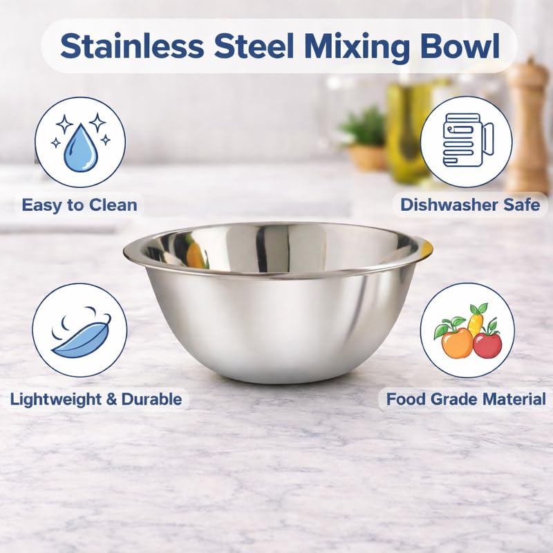 Image of KMW Stainless Steel Mixing Bowl Deep 8 Qt (7.6 litres) | with Enhanced Durability | Professional-Grade Build (Set of 2 Bowls)