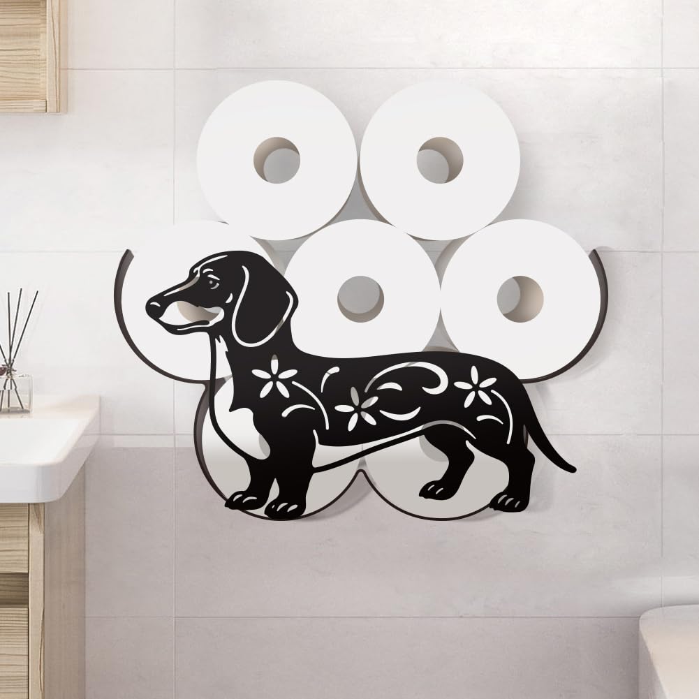 WADORN Dachshund Dog Metal Toilet Paper Holder, Black Wiener Dog Decorative Metal Toilet Paper Storage for Extra 8 Rolls Funny Freestanding Decor Wall Mounted Organizer for Restroom Bathroom Cabinet