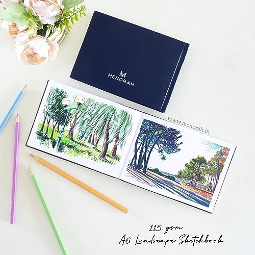 Image of MENORAH Paper - Artist Sketch Book- A6-115 GSM (160 Pages / 80 Sheets) Drawing Notebook, Watercolor- Hard Bound Book- (10.5 Cm X 14.8 Cm)- Completely Handmade- Landscape-Dark Blue