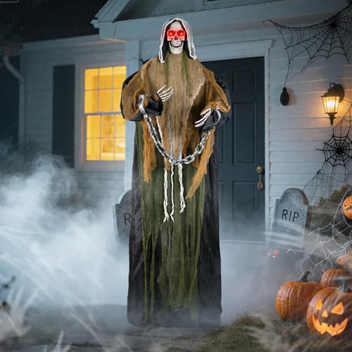 74″ Halloween Decorations Outdoor Life Size Animatronics Grim Reaper with Chain, Creepy Sound and Red Light-Up Eyes, Scary Haunted House Props for Yard Garden Lawn Party Decor