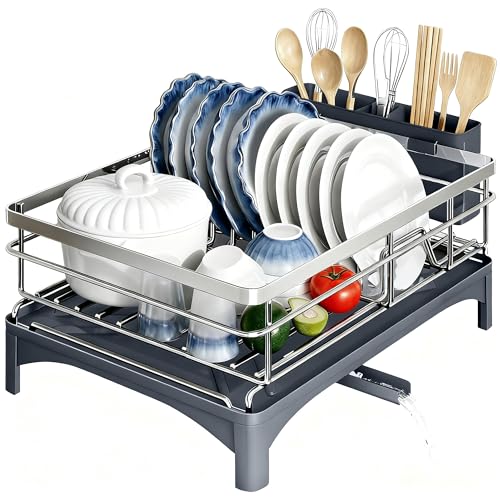 Rxakudedo 食器水切りラック 食器乾燥ラック 水切りかご 食器置き 自動排水 SUS304ステンレス製 大容量 省スペース 組立簡単 シルバー 幅42.5X奥行30X高い14.5cm