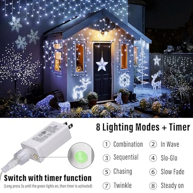 Lomotech Christmas Icicle Lights - 32Ft 8 Modes Waterproof Christmas Lights Connectable with Timer for Holiday, Wedding Party, Eaves, Christmas Decorations (White)