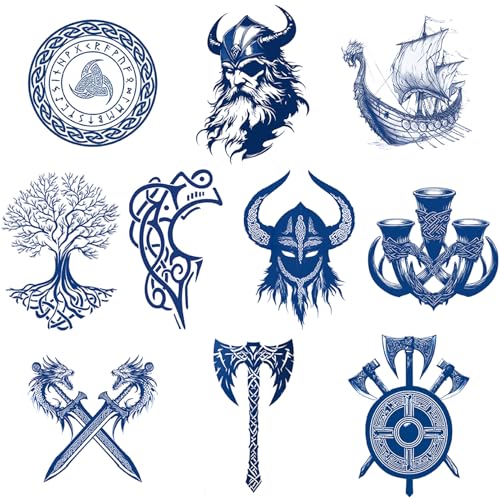 CUTELIILI 10 Pcs Celtic Viking Tattoos Nordic Tattoo for the Back, Cool Bule Tribal Face Tattoo Viking Feast Men Long Lasting