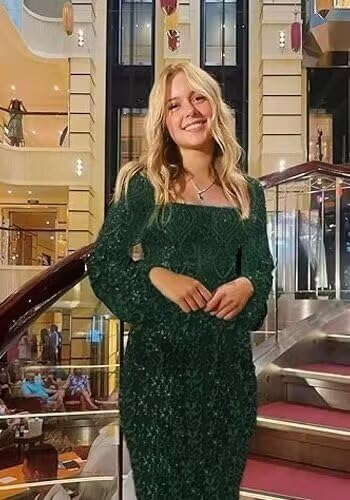 Long Sleeve Sequin Prom Dresses for Women Square Neck Tight Long Formal Evening Party Gown with Slit3