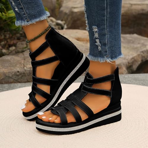 Women's Summer Thick Soles Wedge Sandals With Arch Support 2025 Summer Casual Fashionable Rhinestones Open Toe Solid Color Hollow Out ressy Platform Sandals Comfortable Lightweight Beach Walking Shoes3