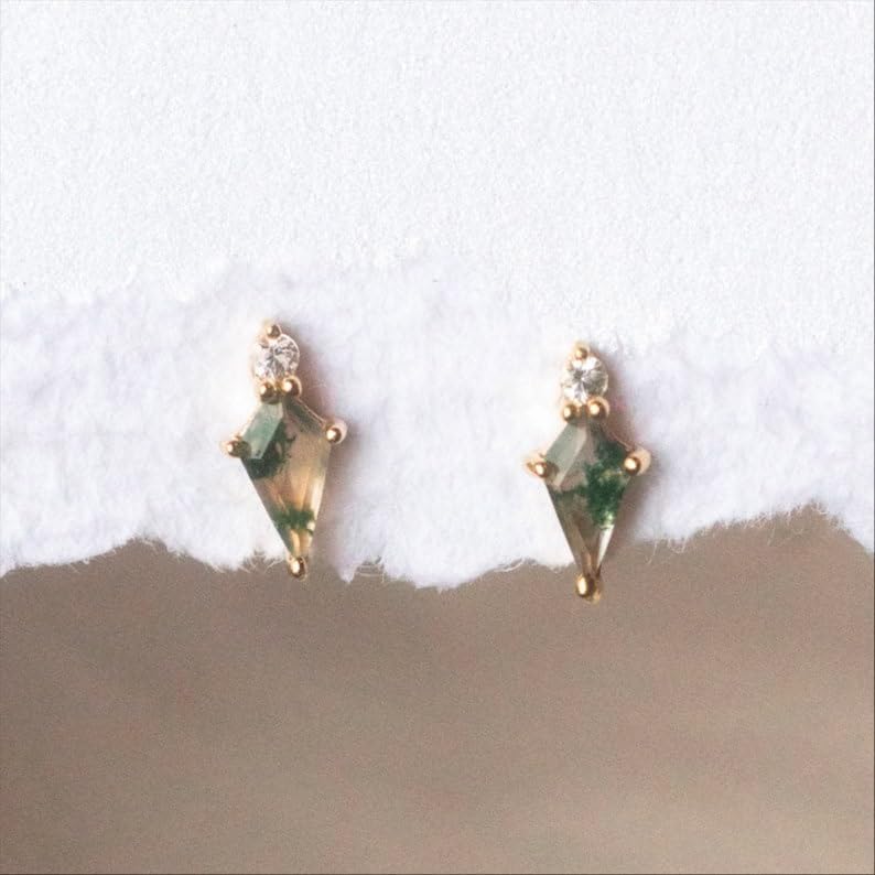 Natural Moss Agate Stud Earring Kite Shape Earring Sterling Silver Earring Moss Agate Kite Stud Earring Women Christmas Gift