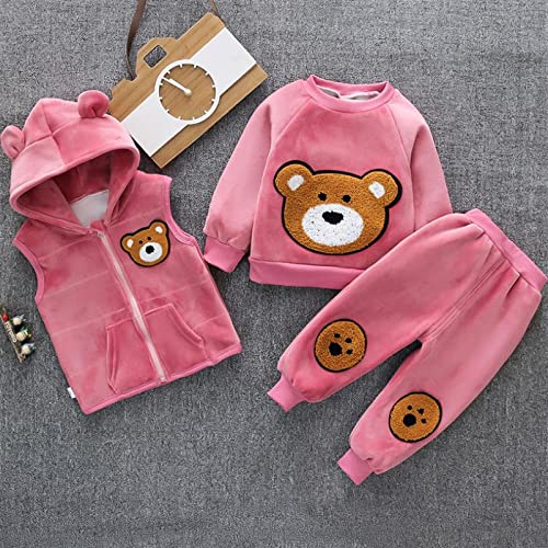 Image of Bold N Elegant Cotton Blend Cute Cartoon Bear Graphics Winter Warm Sweatshirt Hood Jacket And Jogger Pant 3 Pc Layering Clothing Set For Infant Toddler Kids