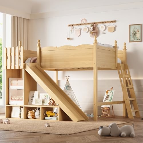 Image of Full Size Loft Bed with Storage Shelves, Cabinet & Detachable Slide and Ladders, Solid Wood Kids Loft Bed for Space-Saving, Playful & Organized Bedroom (Natural2, Full)