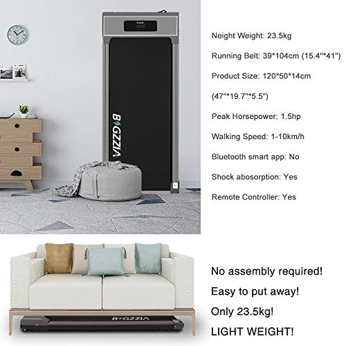 bigzzia Motorised Treadmill, Under Desk Treadmill Portable Walking Running Pad Flat Slim Machine with Remote Control and LCD Display for Home Office Gym Use, Installation-Free (Grey) (Light Grey) - Thumbnail 5