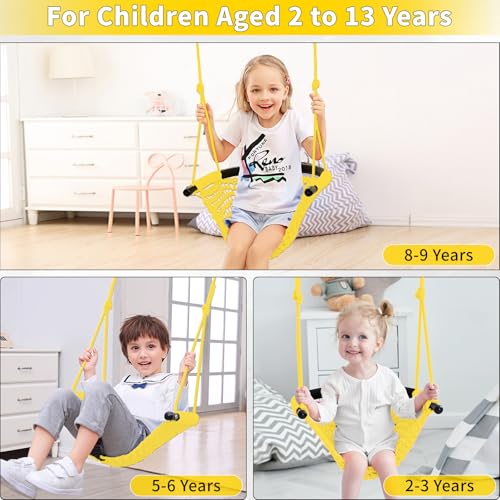 Image of Hi-Na Kids Swing Seats Indoor Hand-Made with Adjustable Rope, Outdoor Tree Child Swing Seat for Backyard, Playground, Outside, Yellow, Polyester
