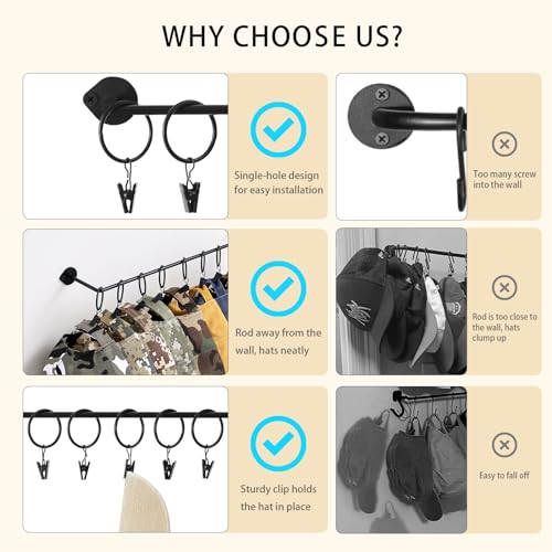 Viklluyr Hat Rack for Baseball Cap Hat Storage with 20 Hooks - Modern Metal Hat Organizer Wall Mounted Caps Hanger Set of 2 for Closet Door Bedroom Entryway Laundry - Thumbnail 2