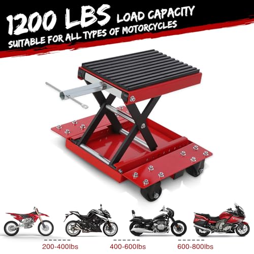Image of Garveetech Motorcycle Lift Jack - 1200 LBS Transmission Scissor Stand with Wide Deck & Dolly, Thickened Rubber Pad for Dirt Bikes, Atvs, Street Bikes & Cruiser Motorcycles