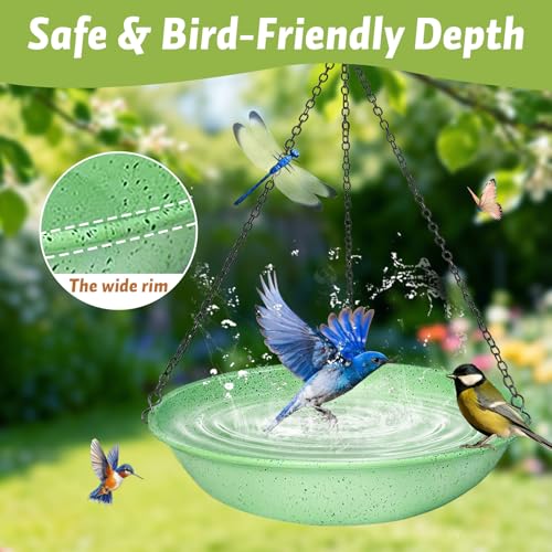 Image of 11 Inch Green Speckled Double Patchwork Metal Hanging Bird Bath Bowl | Equipped with 13.5 in rust-proof black chains, dual-use bird feeder decor for garden and backyard