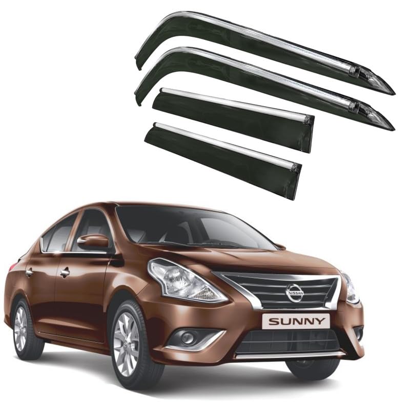 Image of CAR SAAZ Side Door Visors for Sunny (2014-2020)(Set of 4Pcs)|Chrome Lined Rain Guards, Polycarbonate, Smoke Finish