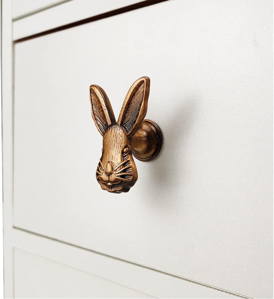 Rabbit Drawer Knobs Animal Cabinet Knobs for Wardrobes Cupboard Dresser Furniture Door Single Hole Handles Home Hardware Decorative 6 Pieces (Red Bronze)
