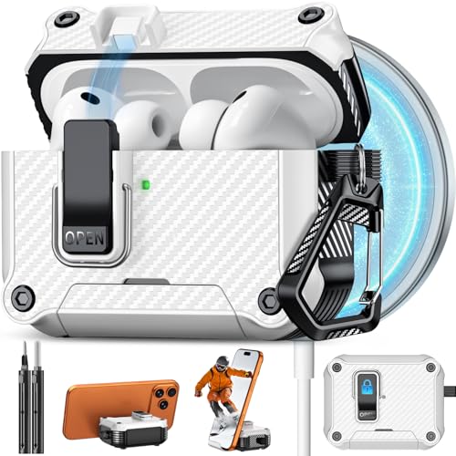 Image of Pohgelan for AirPods Pro 3 Case with Safety Lock-White | Carbon Fiber Texture Cover,Magnetic Automatic Lock with Cleaning Kit&Keychain,Compatible with Magsafe