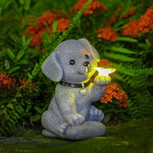 Solar Dog Statue Garden Decor, with Butterfly Solar Outdoor Light, Waterproof for Patio, Balcony, Yard, Lawn, Father Day & Mother Day Garden Housewarming Gifts for Women, Men, Mom, Dad, Grandma