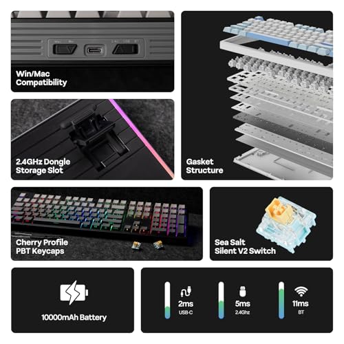 Image of EPOMAKER TH108 Full Size Mechanical Keyboard, Wireless Gaming Keyboard with 10000mAh Battery, Creamy Gasket, 108 Keys, Hot Swap, Custom Driver, RGB Backlight (Black, Sea Salt Silent)