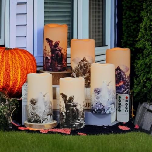Image of Halloween LED Flameless Candles, Gothic Design, Set of 6, 5.7x3 inch, Remote Control with Timer, Battery Operated (6, D 3 inch)