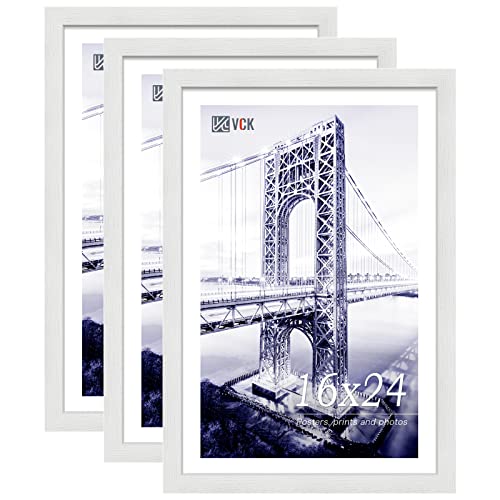 Image of VCK 16x24 Poster Frame Solid Wood White 3 Pack Picture Frames 16 x 24 Inches with Wall Mounting Hanging